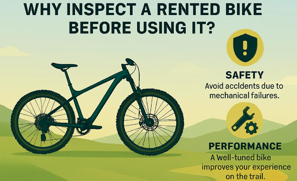 Spanish infographic explaining why to inspect a rental bike before riding, highlighting safety, performance, and confidence with icons and a mountain background. What should you check on your rental bike before hitting the road?