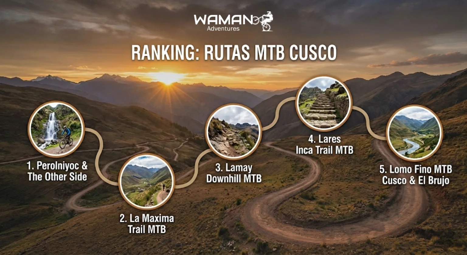 Camino de tierra sinuoso al atardecer en las montañas de Cusco, con cinco puntos de ruta circulares mostrando el ranking de rutas de downhill en Cusco.