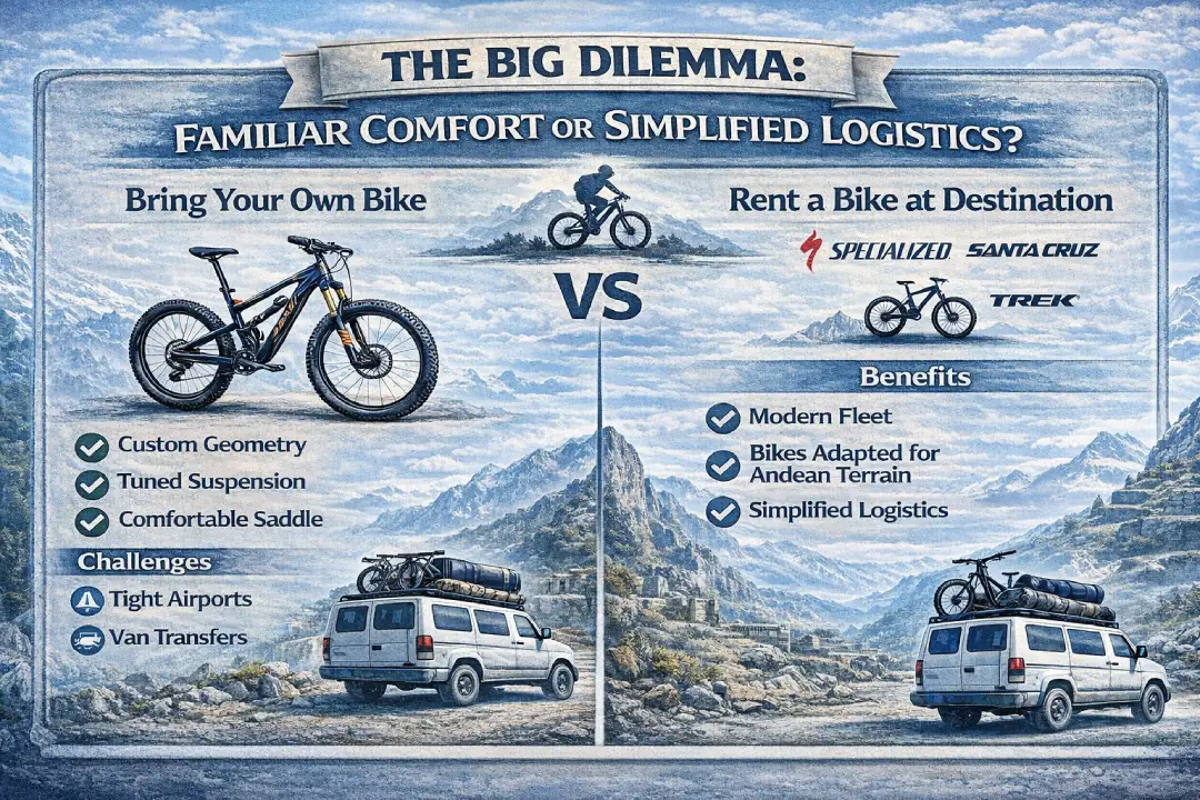 Comparative infographic titled “The Big Dilemma” showing pros and challenges of bringing your own mountain bike versus renting in Cusco, with bike images, brand logos, and transport van icons.