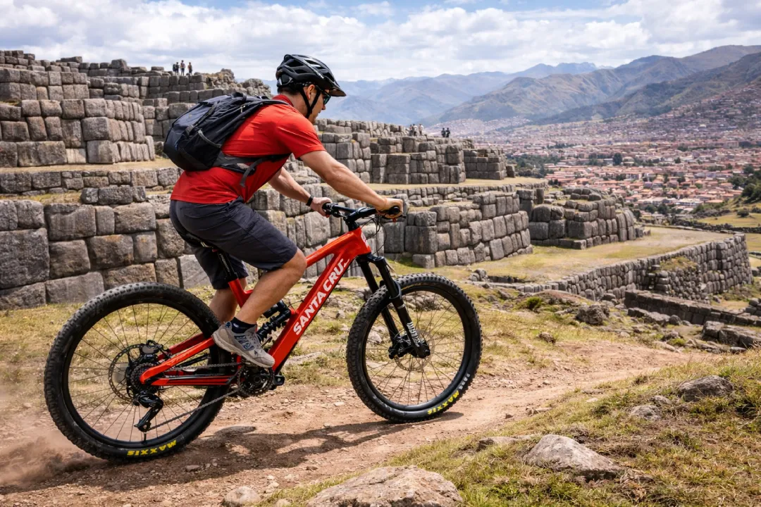 Ciclista de montaña rodando junto a los muros de piedra de Sacsayhuamán con vista panorámica de la ciudad del Cusco y los Andes al fondo. Rutas en Bicicleta Eléctrica en Cusco