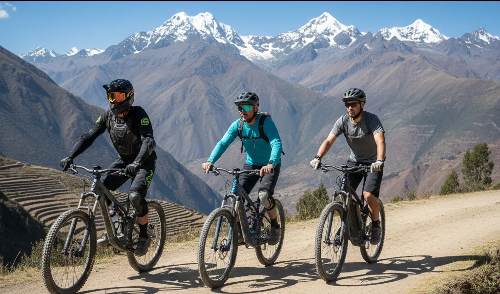 Fotografía comparativa de tres ciclistas lado a lado en camino de tierra andino con cordillera nevada al fondo: izquierda - ciclista con equipo completo de downhill (casco integral, protecciones, bicicleta de descenso); centro - ciclista enduro con casco abierto, mochila turquesa y bicicleta de trail; derecha - ciclista casual en e-bike con casco ligero y ropa deportiva, terrazas agrícolas incas visibles en ladera