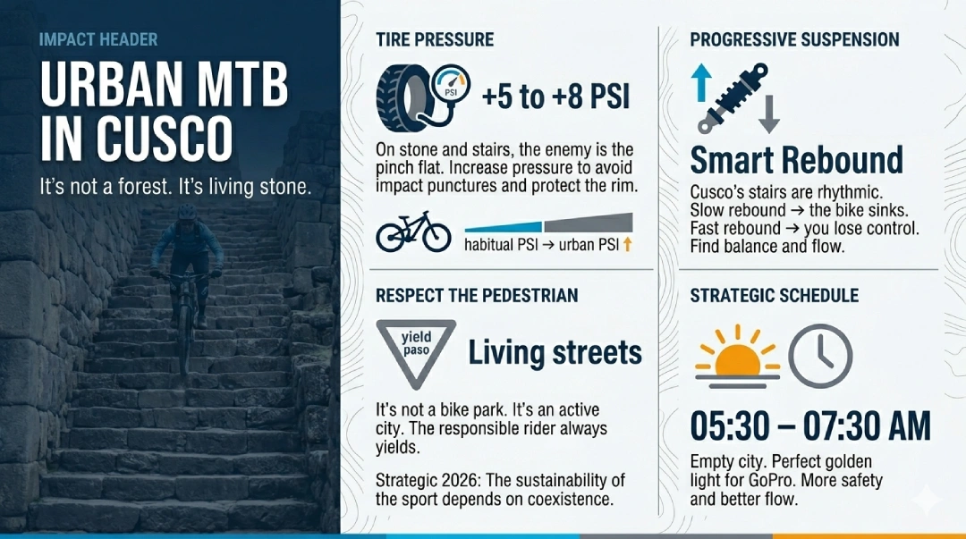Spanish infographic titled “Urban MTB in Cusco” with tips on tire pressure (+5 to +8 PSI), progressive suspension rebound, pedestrian respect, and best riding time (5:30–7:30 AM), featuring a rider on stone stairs.