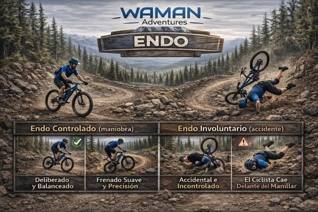 Infografía en español titulada “Endo” que compara el endo controlado (maniobra) con el endo involuntario (accidente), mostrando frenado, balance y caída por encima del manillar, con logo de Waman Adventures.