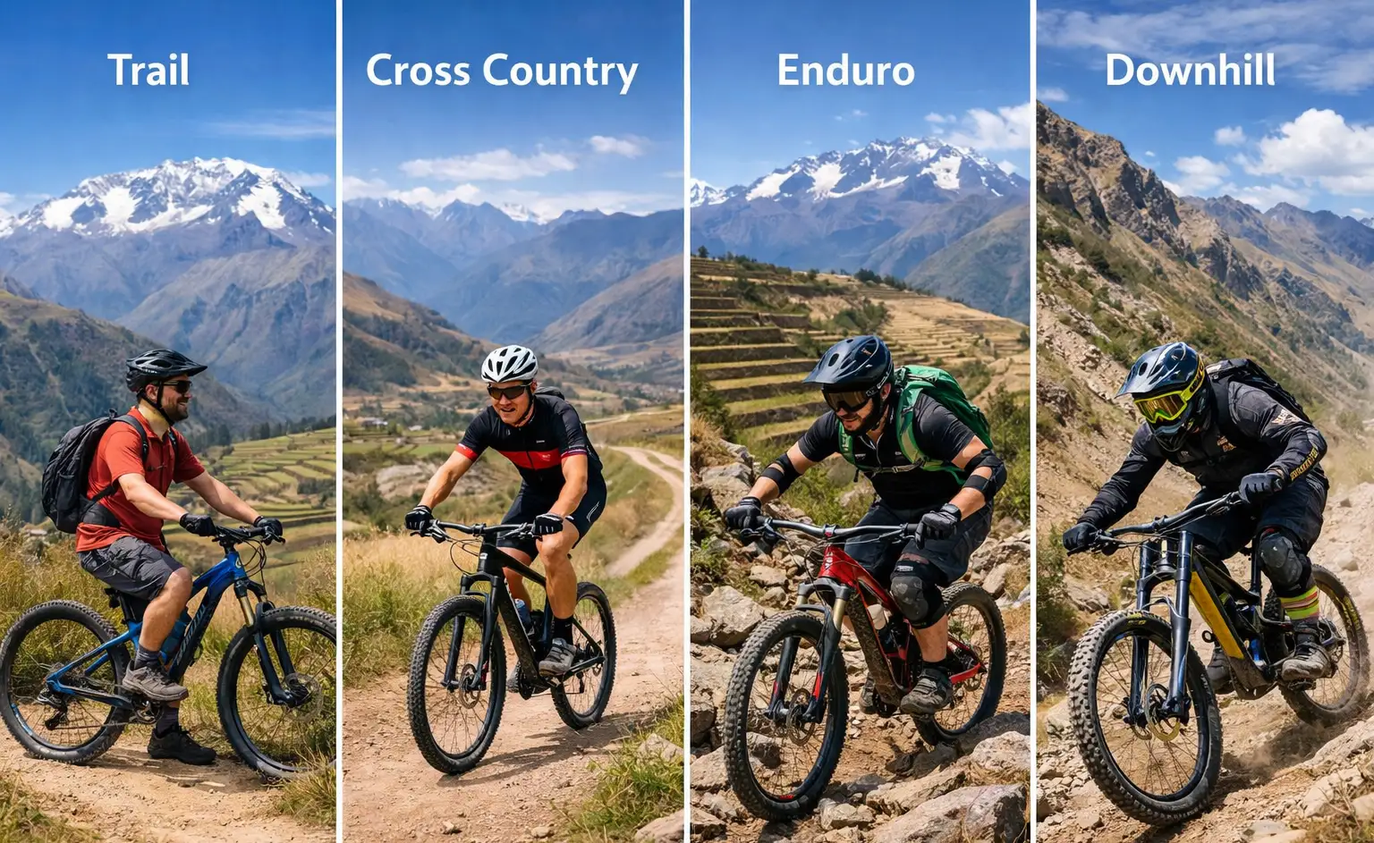 Comparative image of MTB disciplines in Andean landscape: Trail, Cross Country, Enduro and Downhill, showing differences in gear, posture and terrain.