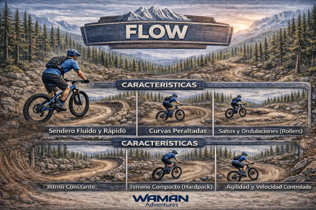 Infografía en español titulada “Flow” que explica el estilo de manejo fluido en un sendero con curvas bermadas, ondulaciones, saltos pequeños y velocidad controlada, con ilustraciones y logo de Waman Adventures.