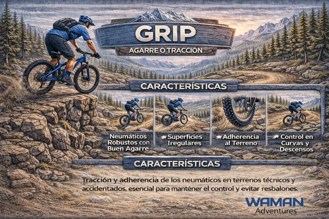 Infografía en español titulada “Grip / Agarre o tracción” que explica el agarre de los neumáticos en superficies irregulares, la adherencia al terreno y el control en curvas y descensos, con logo de Waman Adventures.
