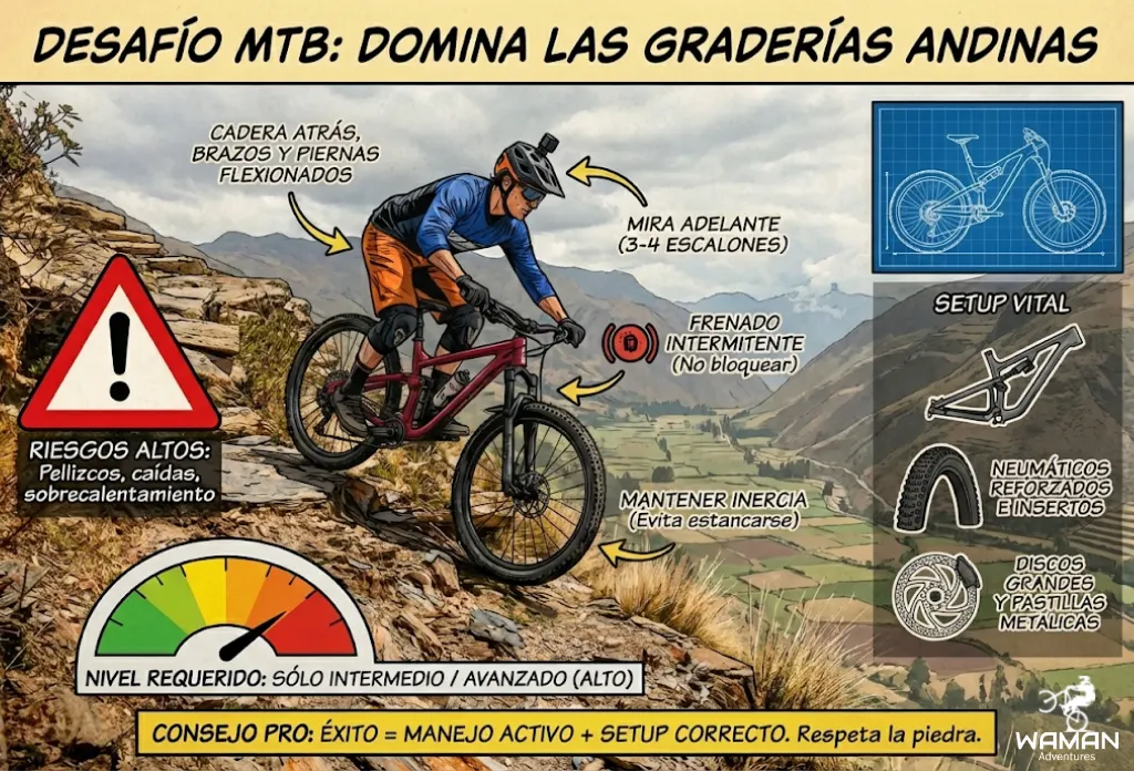Infografía detallando técnicas, postura ideal y configuración de bicicleta para descender con seguridad escaleras incas en mountain biking por Cusco.