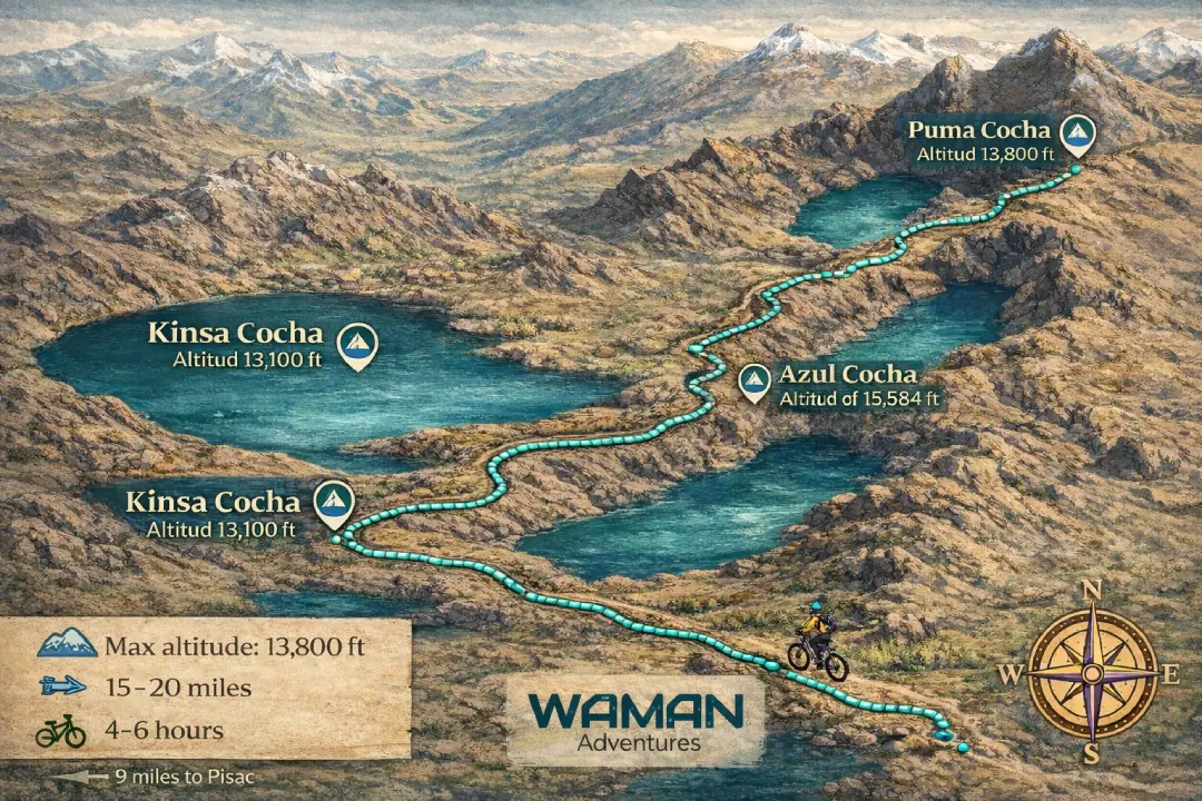 Illustrated route map of the 3 Lagoons of Pisac showing Kinsacocha, Azulcocha, and Pumaqocha with a marked trail, max altitude 13,780 ft (4,200 m), and a 15.5–18.6 mi (25–30 km) ride.