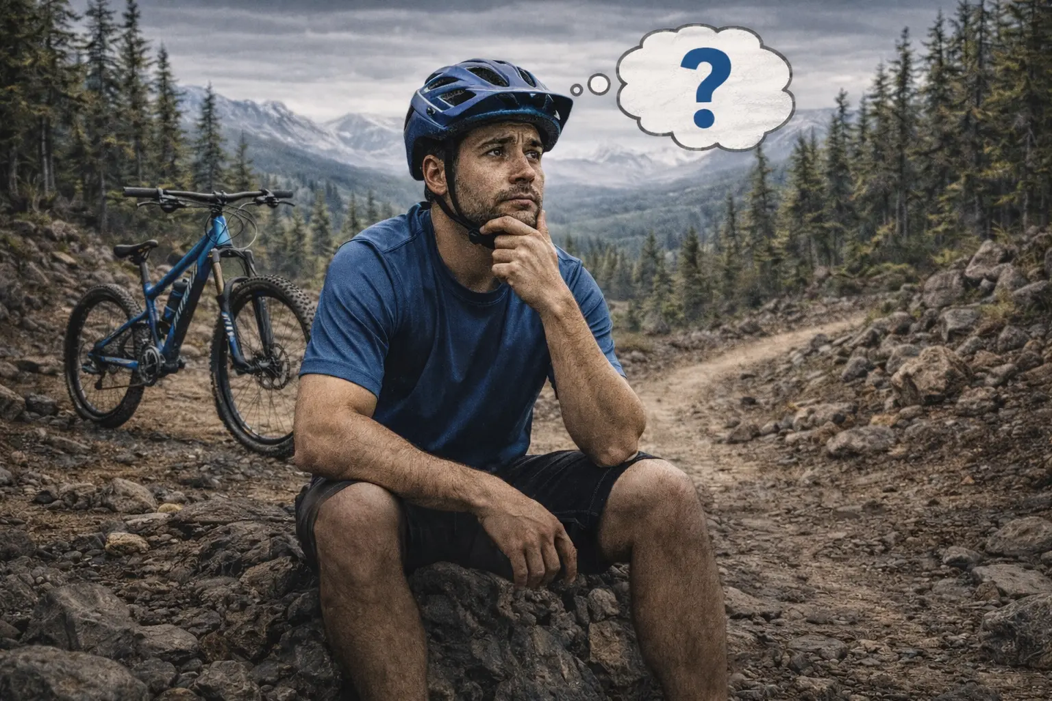Mountain biker sitting on a rocky trail with his bike nearby, looking thoughtful with a question mark bubble in the forest mountains. Beginner cyclist wondering about mountain biking terms