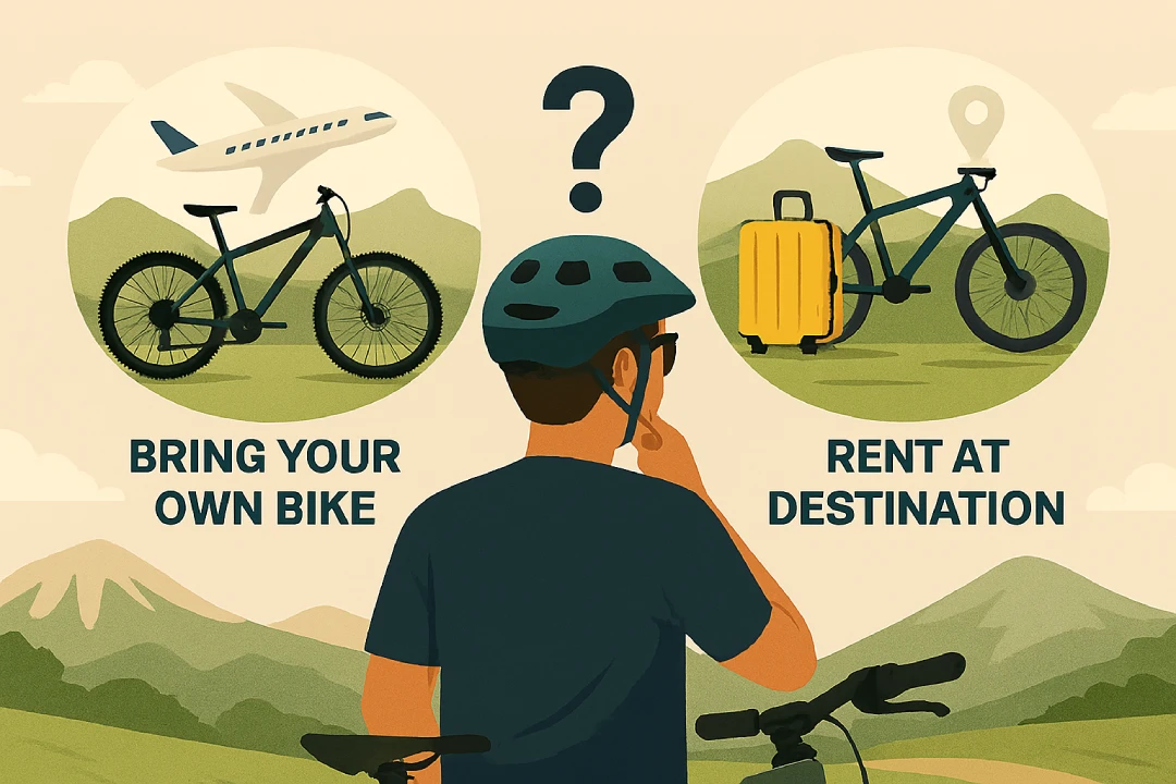 Comparison infographic showing a cyclist deciding between bringing their own bike by plane or renting a bike at the destination, with icons of a bicycle, airplane, suitcase, and location pin. Rent or bring your own bike