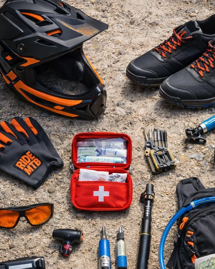 A collection of MTB accessories is laid out on the ground, showing everything needed for a safe ride.