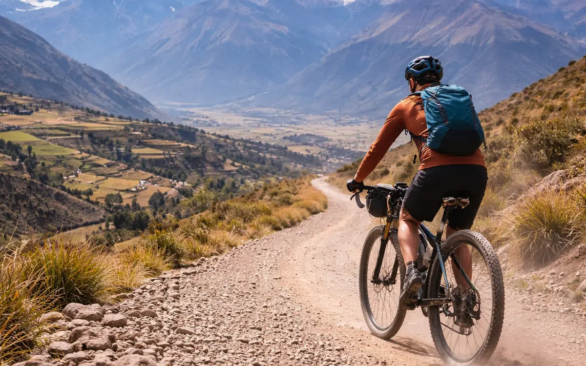 A cyclist rides along a gravel road in the Andes, surrounded by a broad landscape of mountains and agricultural valleys.