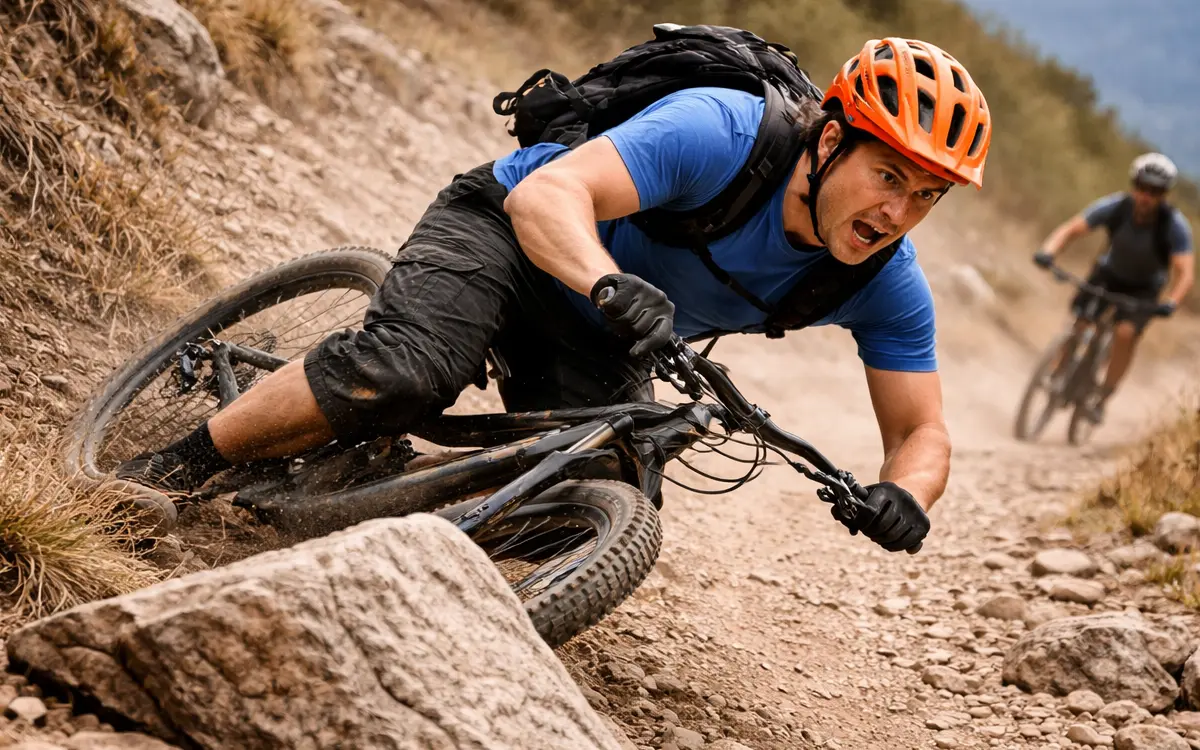 A cyclist slightly loses control when encountering a rock in the middle of the trail, showing a mistake in reading the terrain.