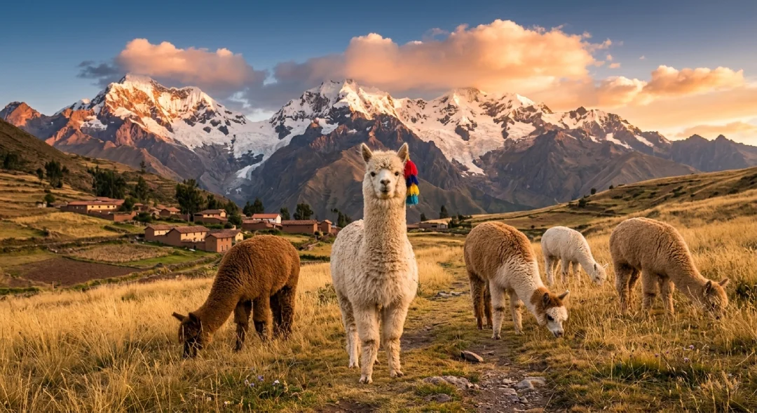 Group of alpacas grazing in a high Andean valley at sunset, with one alpaca facing the camera and snowcapped mountains glowing in warm light behind.