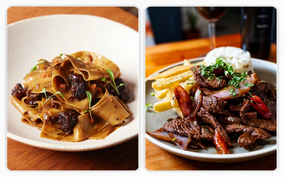 Collage en dos partes con un plato de pasta con salsa y microbrotes, y un lomo saltado con tiras de carne, papas fritas, arroz y cebolla.