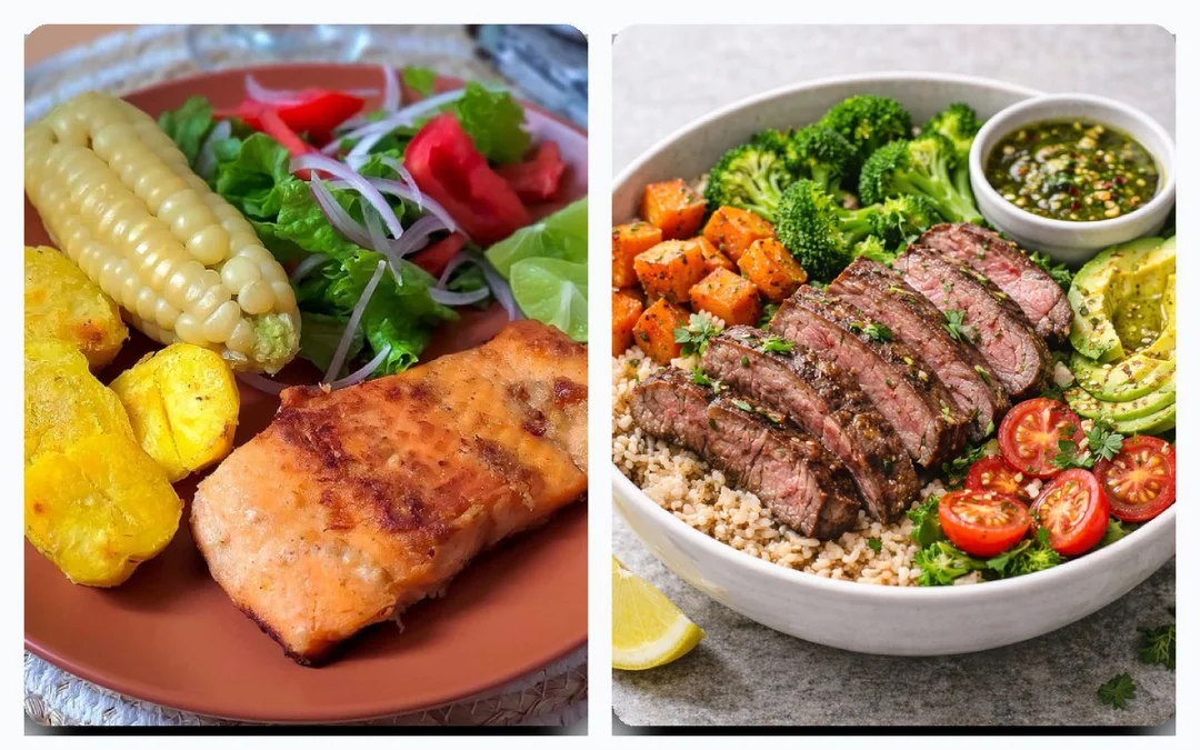 Collage en dos partes con un plato de pescado a la plancha con choclo, papas y ensalada, y un bowl de quinua con carne en láminas, brócoli, palta, tomates y salsa verde. Gastronomía Post Ride