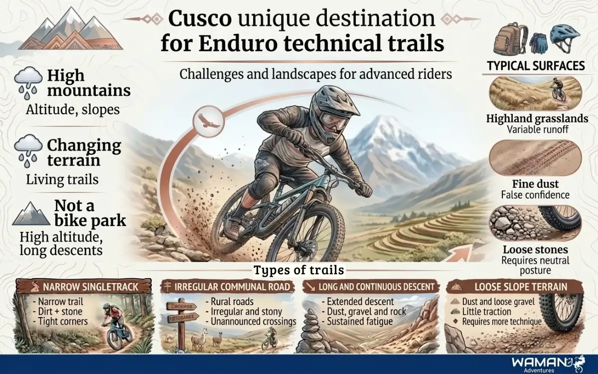 Infographic Technical Enduro Trails in Cusco explaining why Cusco is a unique technical enduro destination, highlighting terrain, altitude challenges, and practical riding tips.