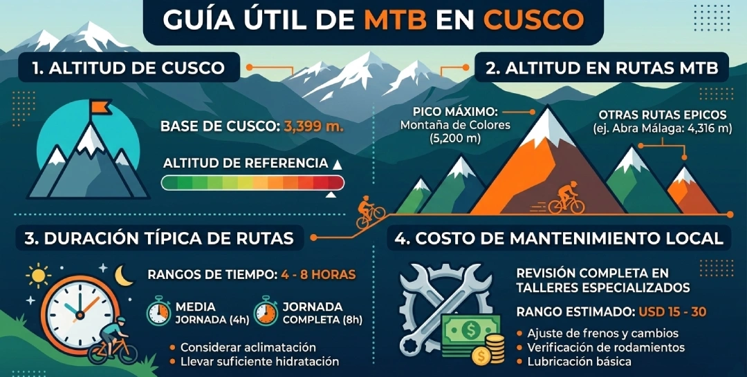 “Helpful MTB Guide for Cusco” infographic with four sections: Cusco base altitude (3,399 m), max route altitude (up to 5,200 m), typical ride duration (4 to 8 hours), and estimated local maintenance cost (USD 15 to 30), illustrated with mountain, clock, and tools icons.