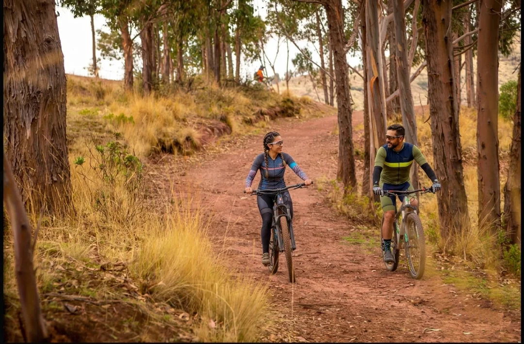 Mountain biker riding on a red dirt trail in Huayllarcocha near Cusco, with green hills and a wide valley view under cloudy skies.