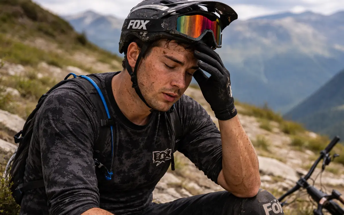 In the middle of a mountain ride, the cyclist is dealing with a dizzy feeling caused by the altitude.