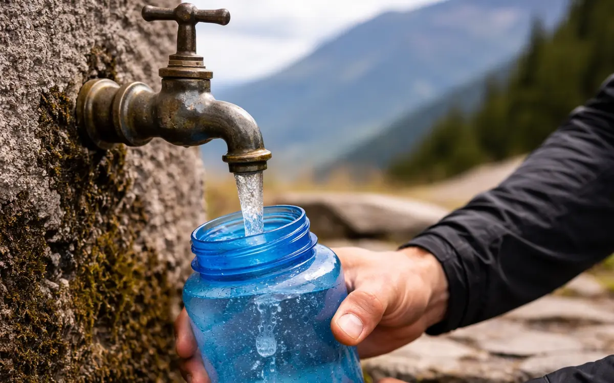 More than just filling a bottle, the scene reflects a basic and necessary habit for staying hydrated while mountain biking in Cusco.