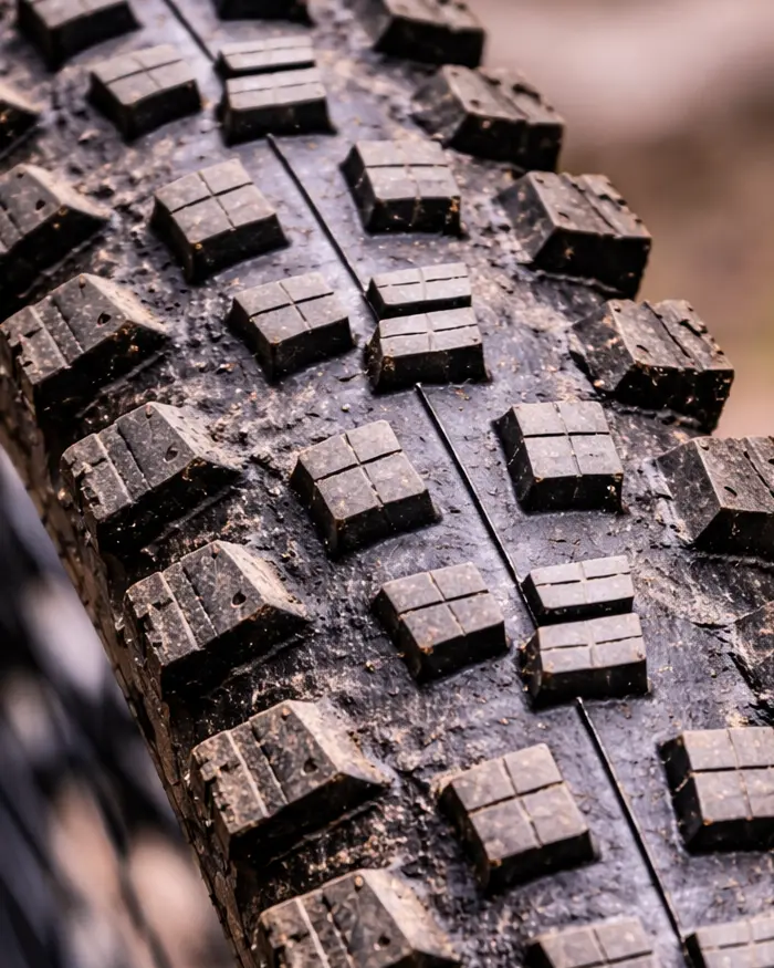 On the sides, you can also see larger, more widely spaced knobs, designed to improve grip in corners and technical sections.