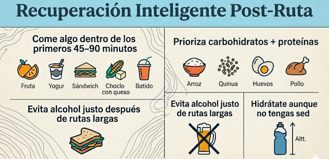 Infografía en español “Recuperación Inteligente Post-Ruta” con consejos: comer en 45–90 minutos, priorizar carbohidratos y proteínas, evitar alcohol después de rutas largas e hidratarse aunque no haya sed.