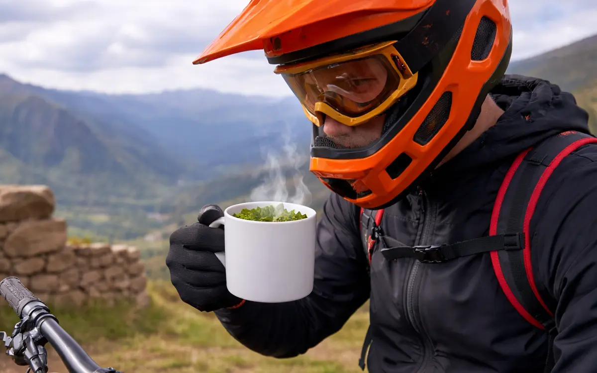 The cyclist drinks hot muña tea as part of his preparation, a common practice to cope with the effects of altitude in Cusco.