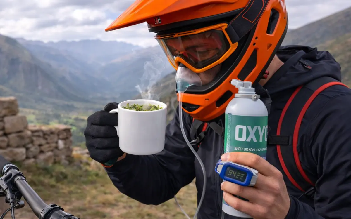 The cyclist is wearing full technical gear, indicating he is prepared for demanding descents after acclimatizing.