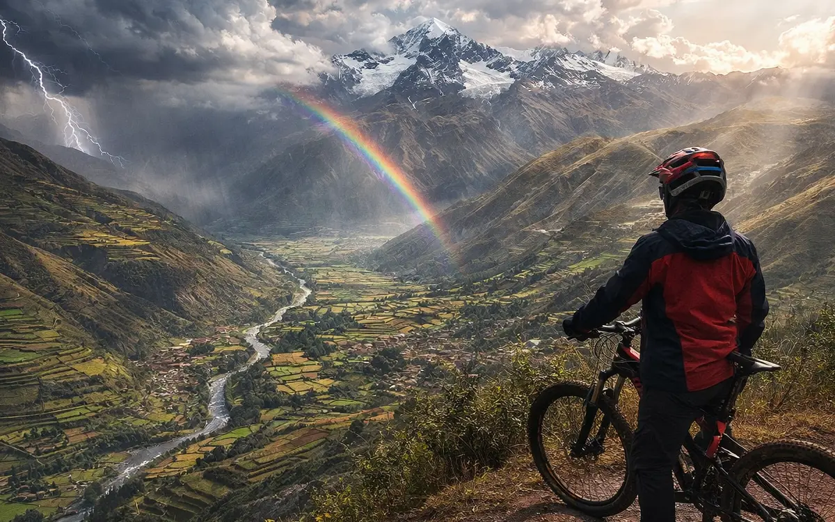 El arcoíris sobre los campos y montañas refleja el carácter impredecible del Clima del Valle Sagrado para ciclismo durante rutas de media y alta montaña.