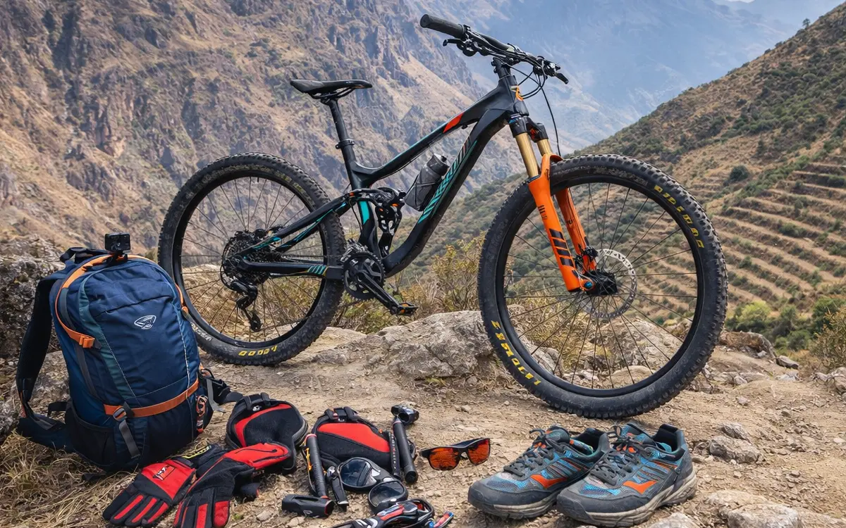 The scene shows a complete setup of a bike and gear in a high mountain environment.
