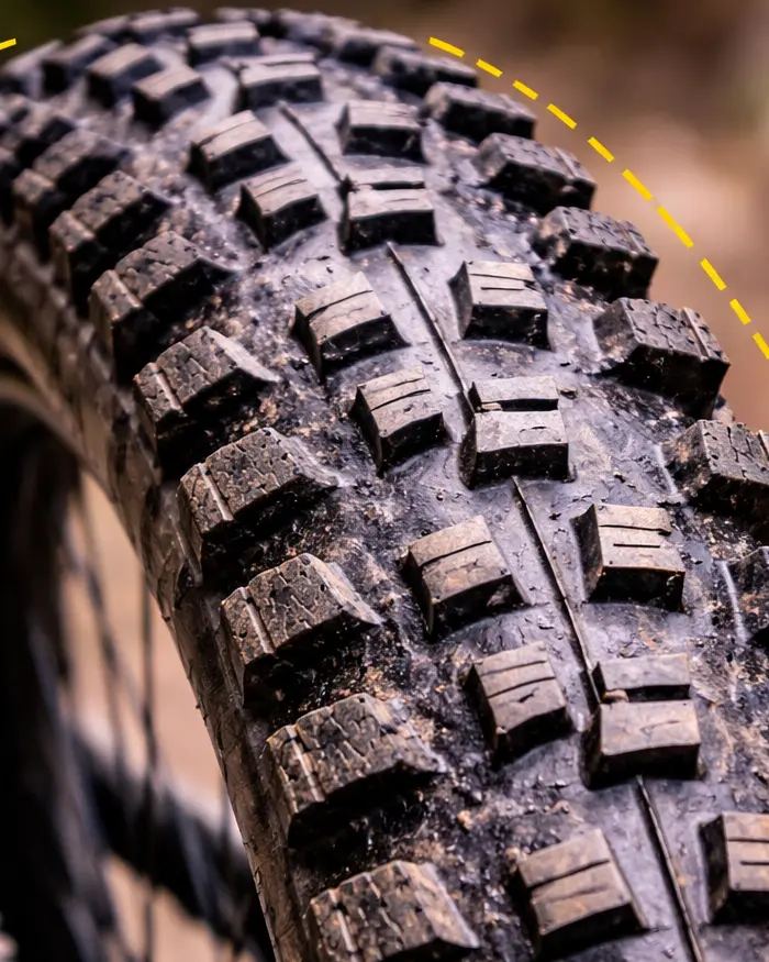 The tread pattern looks aggressive and sturdy, which suggests a tire built for technical and demanding terrain.