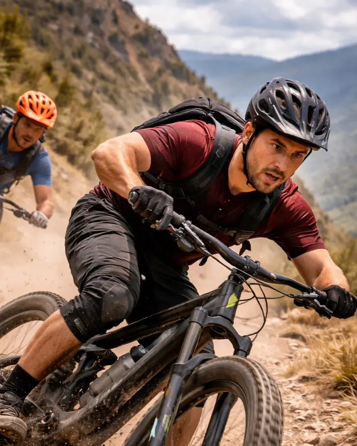 Two cyclists ride down at high speed along a dry, dusty trail, kicking up dirt with every turn.