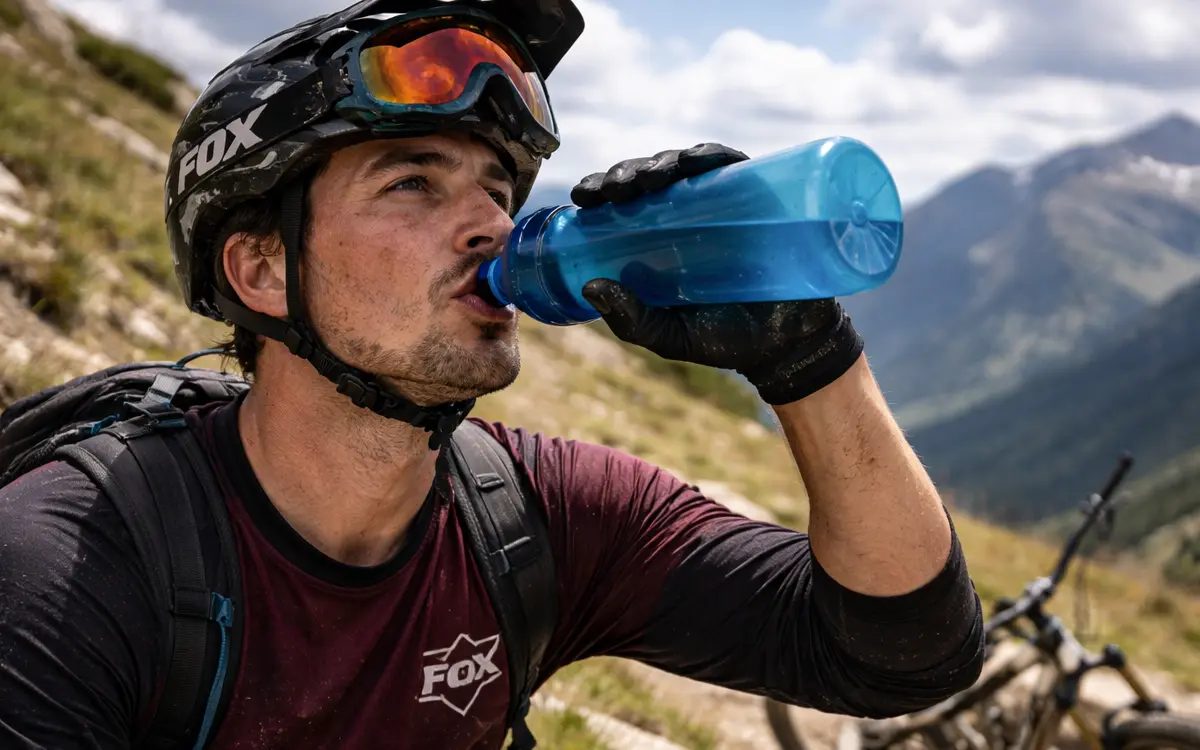 With one hand, he holds a blue water bottle as he drinks, a gesture that clearly conveys the importance of staying hydrated during the ride.