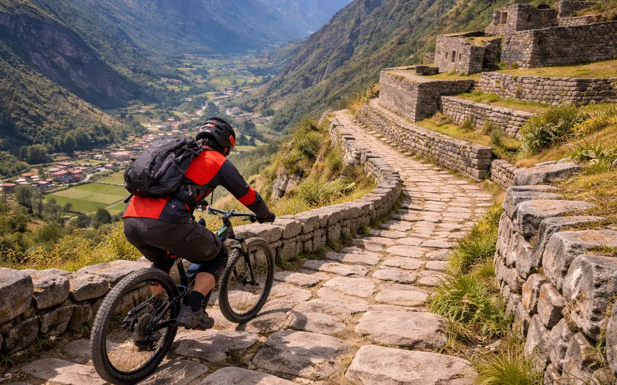 Ruedas por caminos incas en bicicleta en Cusco y sientes cómo la piedra antigua vibra bajo tus llantas mientras el valle se abre frente a ti.