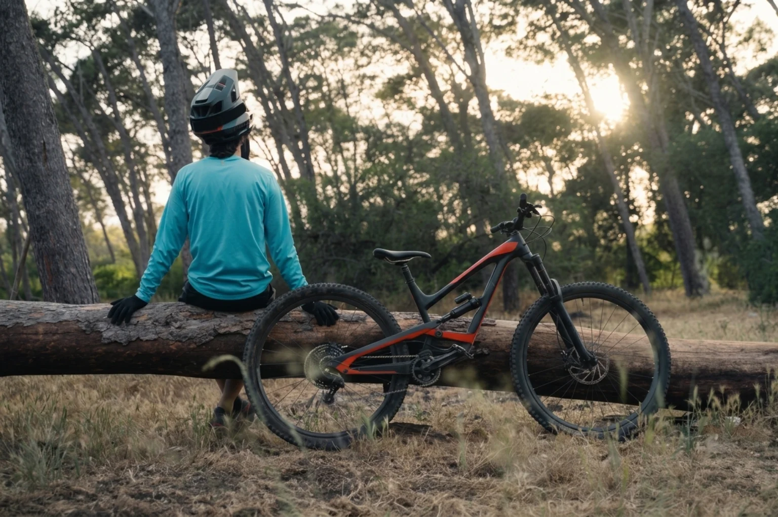 Cyclist wearing a helmet sitting on a fallen log beside a full-suspension mountain bike in a forest, with warm sunset light in the background.