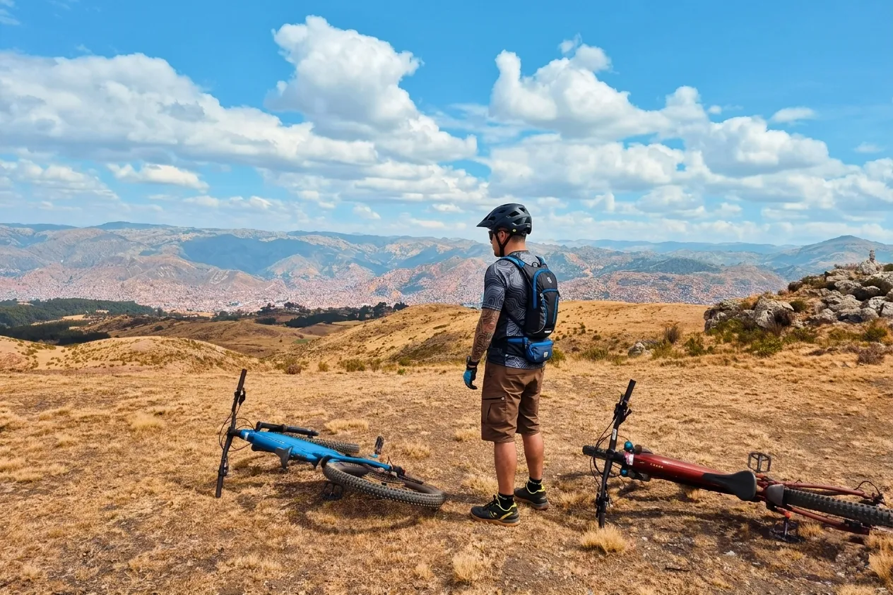 Mountain biker standing at the Huayllarcocha trailhead with two bikes on the ground, looking over a wide panorama of Cusco and surrounding mountains under a blue sky.