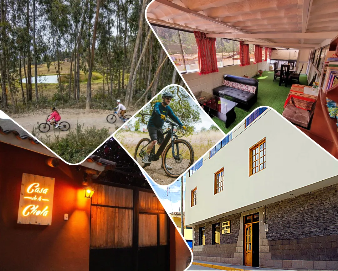 Collage de fotos que combina interior y exterior de alojamientos con escenas de MTB en el Valle Sagrado, incluyendo ciclistas en camino de tierra entre árboles y una laguna.