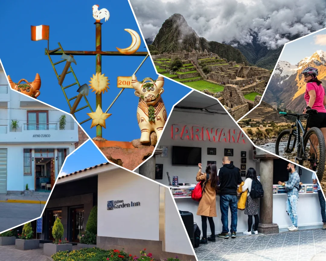 Collage de fotos con highlights de Cusco: entradas de hoteles, restaurantes, una vista de Machu Picchu y escenas de MTB en paisajes andinos.