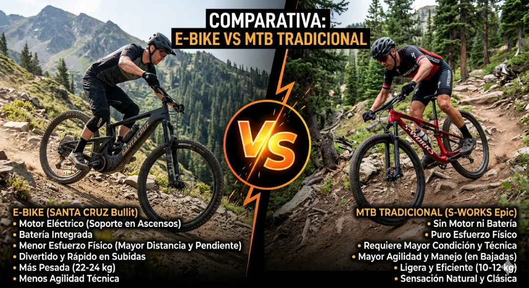Infografía comparativa “E-Bike vs MTB Tradicional” con una e-bike (Santa Cruz Bullit) frente a una MTB tradicional (S-Works Epic), destacando motor, batería, esfuerzo físico, peso y manejo. E-Bike vs MTB Tradicional en Cusco