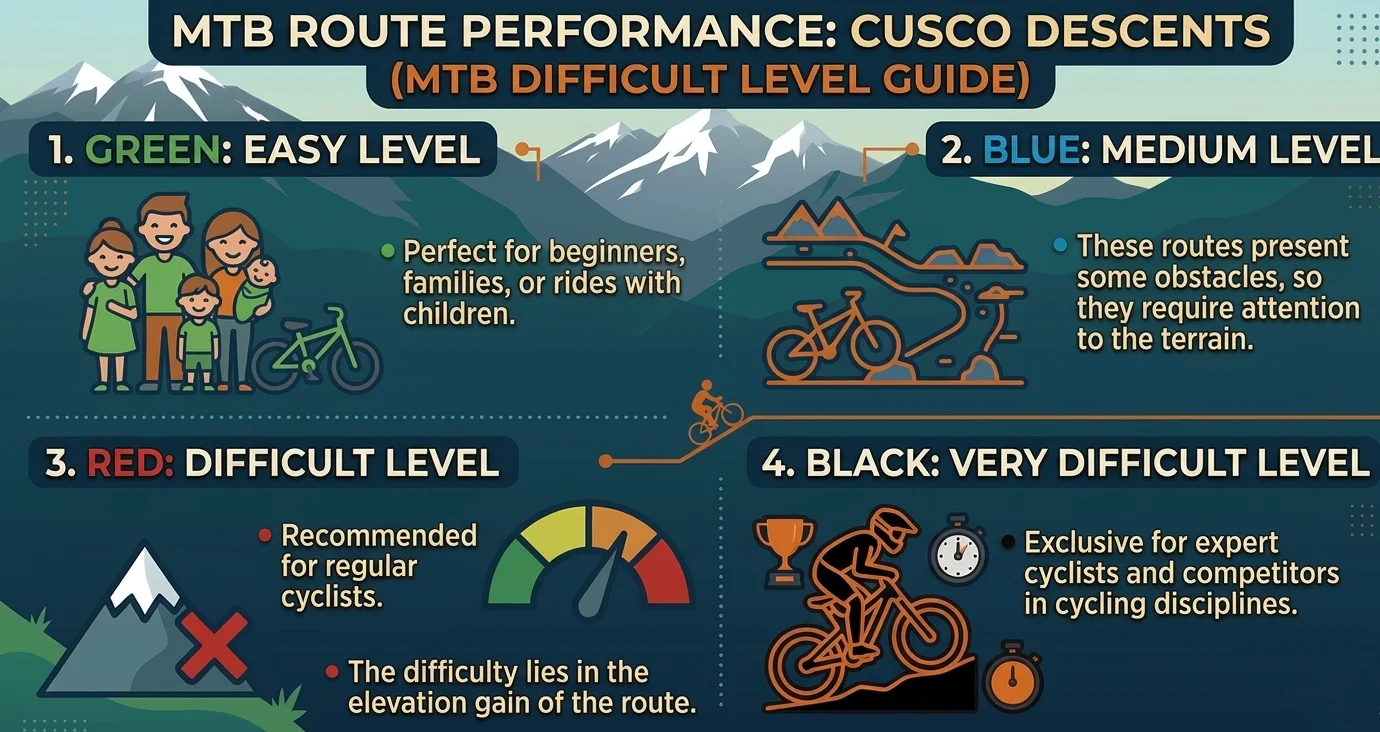 infographic explaining MTB route difficulty in Cusco by color levels: green (easy), blue (intermediate), red (difficult), and black (very difficult), with icons and mountain background. mtb-difficulty-levels-in-cusco-infographic intermediate MTB level Cusco