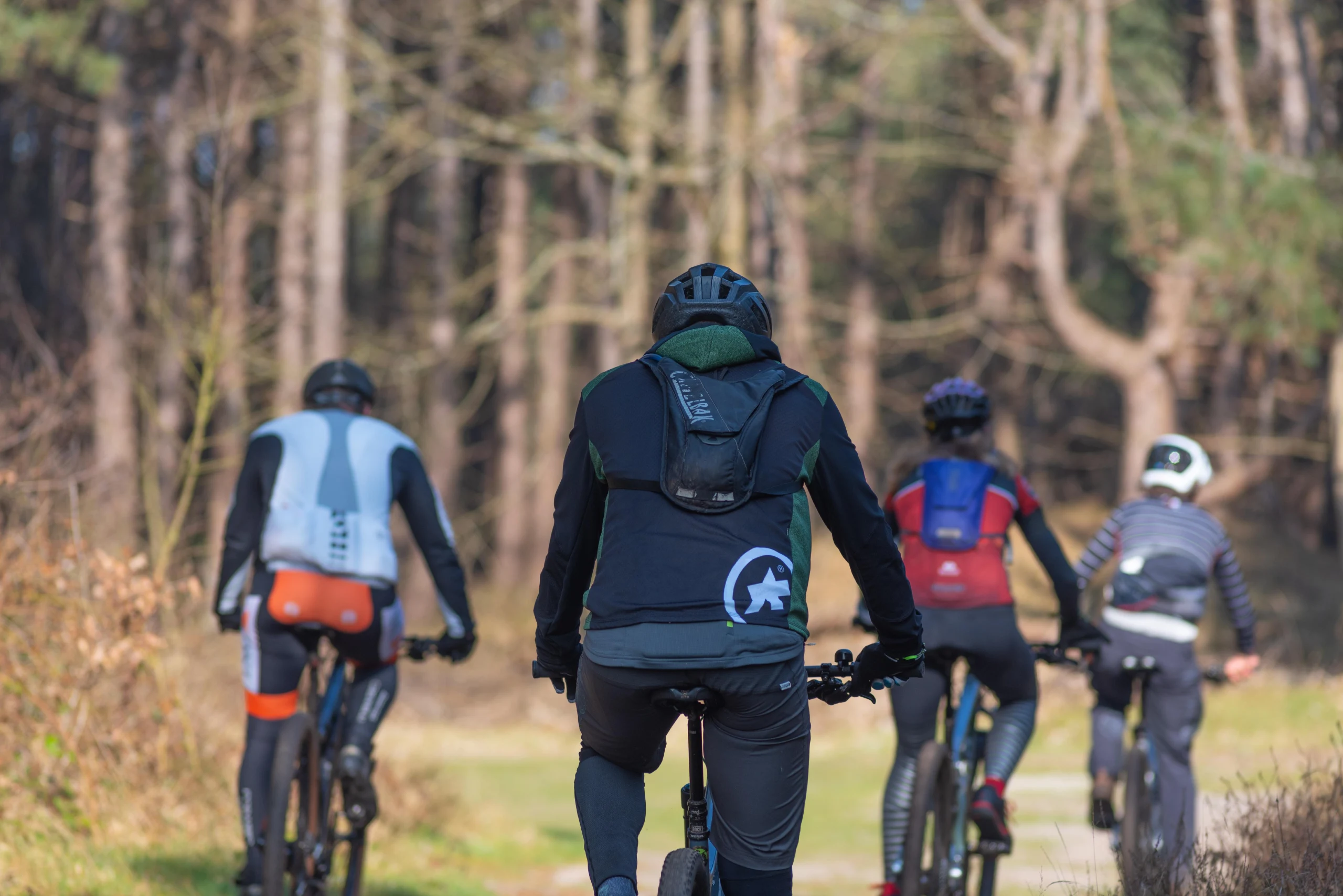 Grupo de ciclistas con cascos y mochilas rodando en bicicletas de montaña por un camino de bosque, vistos desde atrás con luz suave.