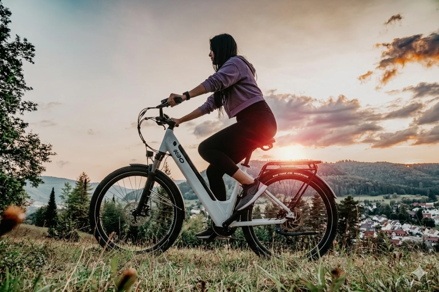 Woman riding an electric bike on a grassy hill at sunset, with warm light, clouds, and a valley town in the background.