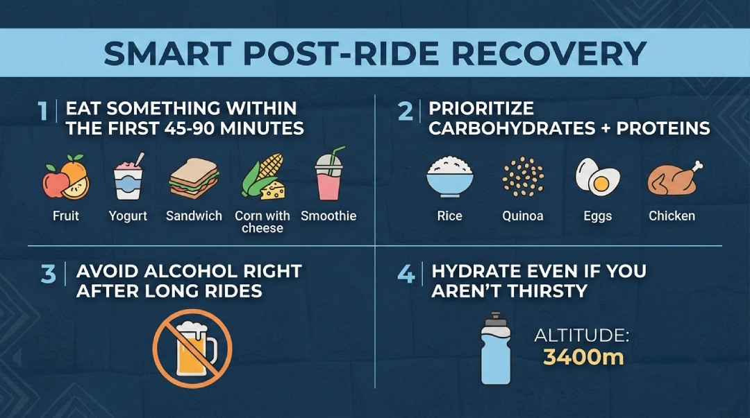 post-ride tips: eat within 45–90 minutes, prioritize carbs and protein, avoid alcohol after long rides, and hydrate even without thirst.