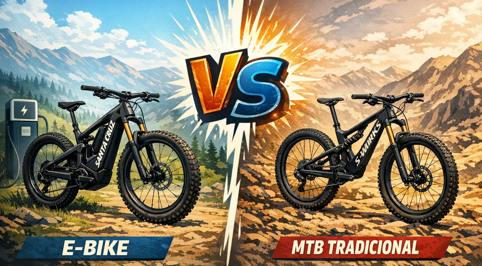Gráfico tipo “VS” con una e-bike (Santa Cruz) a la izquierda y una MTB tradicional (S-Works) a la derecha, con “VS” al centro y fondos ilustrados de montaña.
