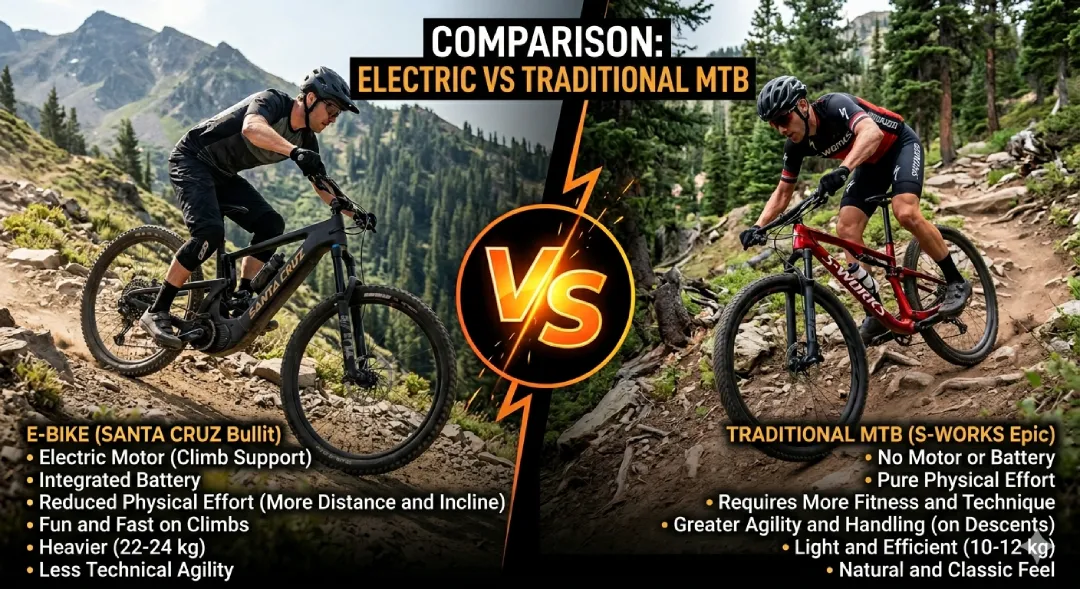 comparison infographic titled “E-Bike vs MTB Tradicional” showing an e-bike (Santa Cruz Bullit) versus a traditional MTB (S-Works Epic), with key differences in motor, battery, effort, weight, and handling. e-bike-vs-traditional-mtb- comparison-infographic E-Bike vs Traditional MTB Cusco