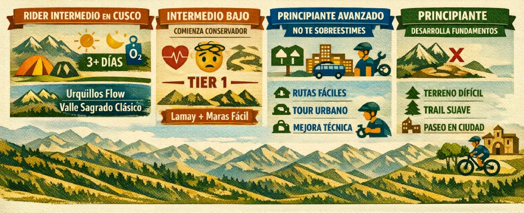Infografía en español que compara niveles de rider MTB en Cusco (principiante, principiante avanzado e intermedio), con recomendaciones de aclimatación y rutas como Maras, Lamay y Urquillos Flow.