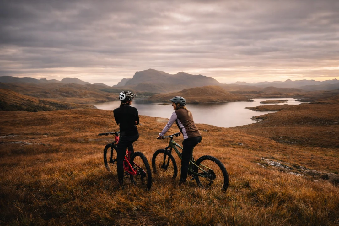 Two cyclists with mountain bikes stopped on a grassy hillside, looking out over a calm lake and rolling hills under a cloudy sunset sky.