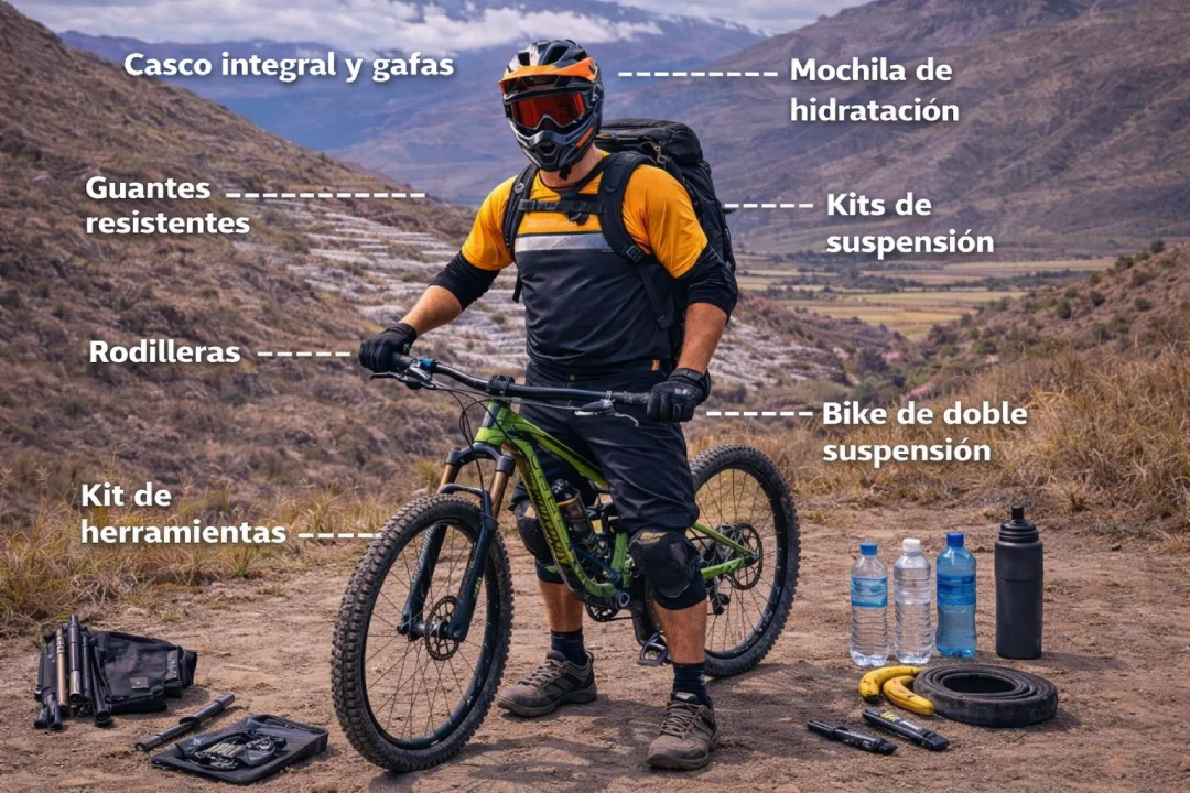 Ciclista Lleva casco integral, gafas protectoras y mochila de hidratación, listo para una jornada exigente.