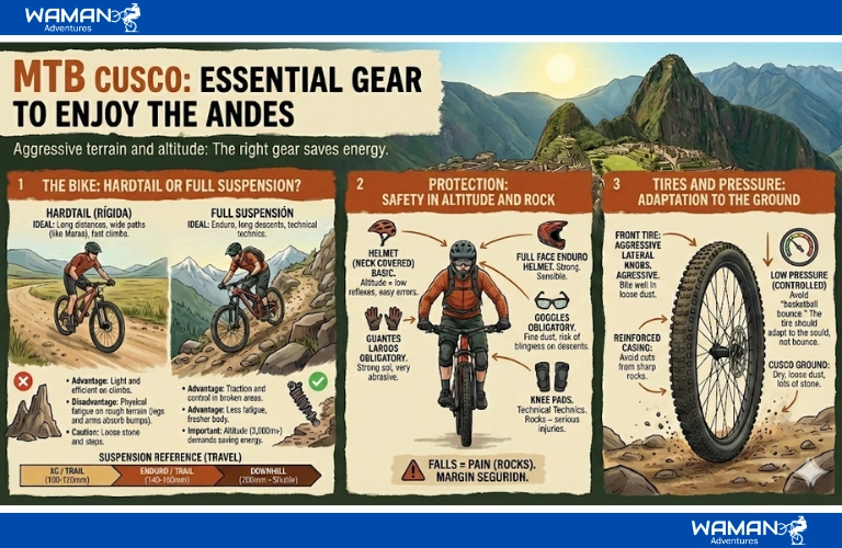 A technical illustrated infographic detailing essential mountain biking gear for Cusco, divided into three sections: bike choice, safety protection, and tire specifications, with Machu Picchu in the background.